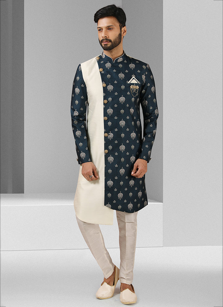 Stylish Metallic Blue Indo-Western | Printed Art Silk Outfit