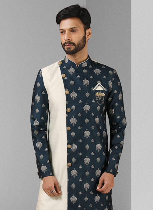Stylish Metallic Blue Indo-Western | Printed Art Silk Outfit