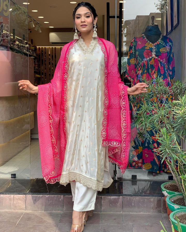 Pure Viscose Jacquard White Kurti Set for Women | Embroidered Thread Work Dupatta