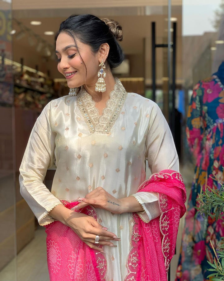 Pure Viscose Jacquard White Kurti Set for Women | Embroidered Thread Work Dupatta