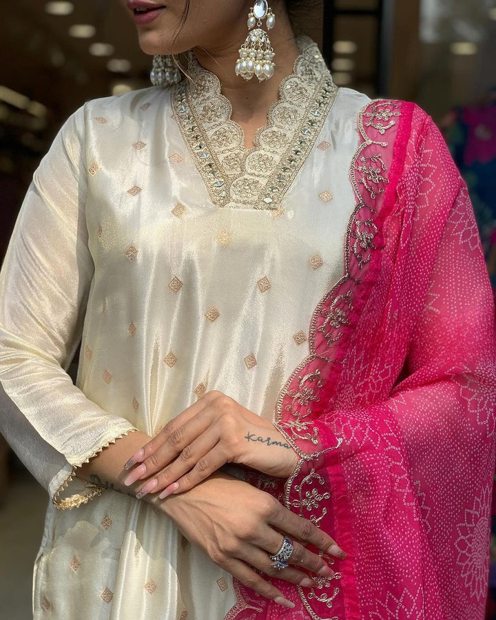 Pure Viscose Jacquard White Kurti Set for Women | Embroidered Thread Work Dupatta