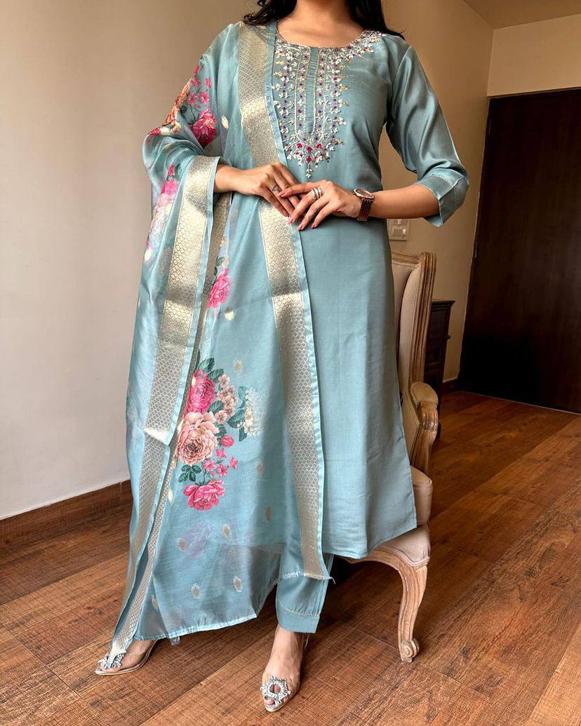 Elegant Chanderi Kurti Set | Embroidered Top & Printed Silk Dupatta