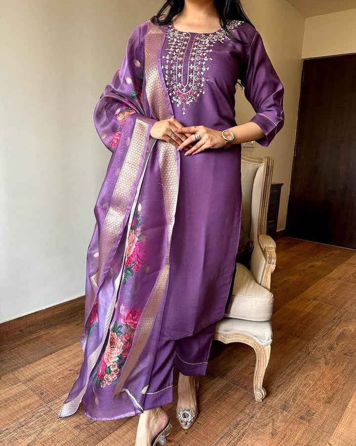 Elegant Chanderi Kurti Set | Embroidered Top & Printed Silk Dupatta