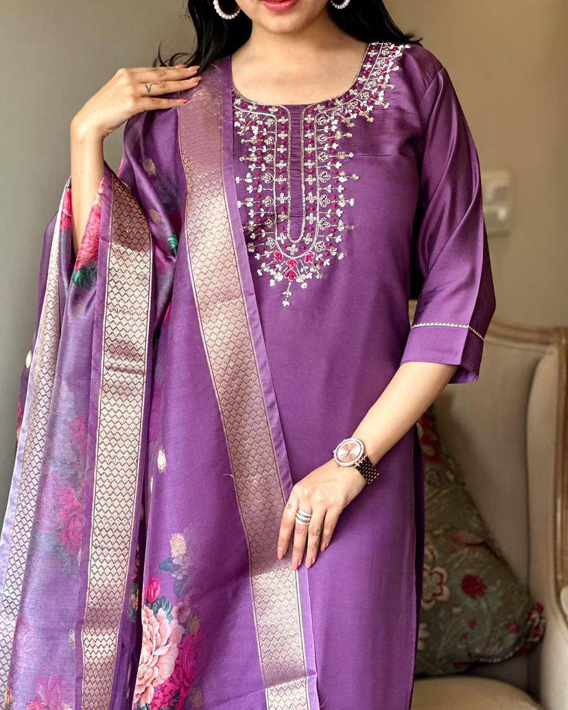 Elegant Chanderi Kurti Set | Embroidered Top & Printed Silk Dupatta