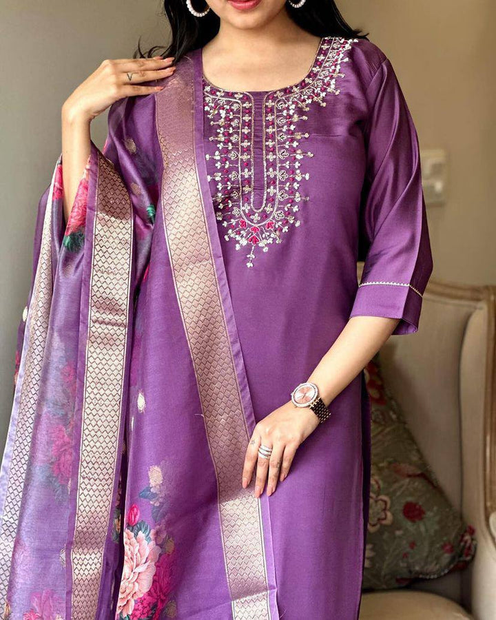 Elegant Chanderi Kurti Set | Embroidered Top & Printed Silk Dupatta