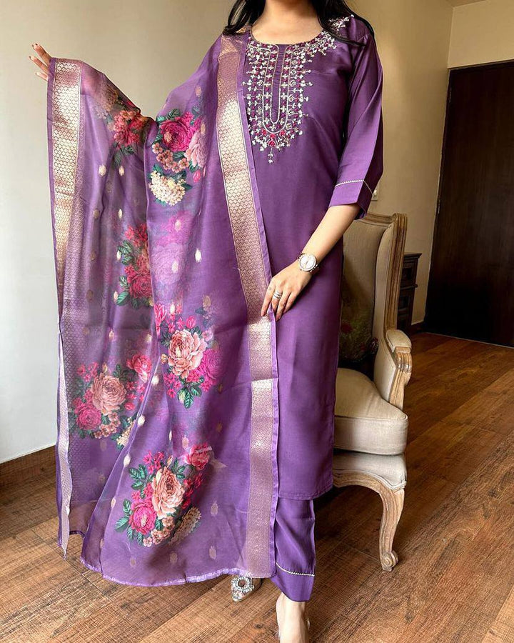 Elegant Chanderi Kurti Set | Embroidered Top & Printed Silk Dupatta
