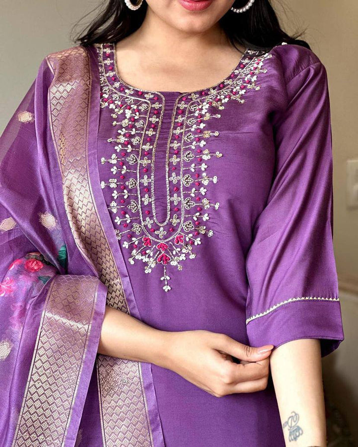 Elegant Chanderi Kurti Set | Embroidered Top & Printed Silk Dupatta