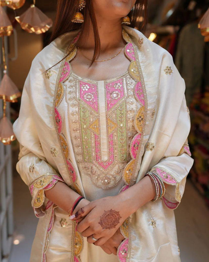 Viscose Chanderi Kurta Set | Cream Organza Silk Dupatta with Embroidery