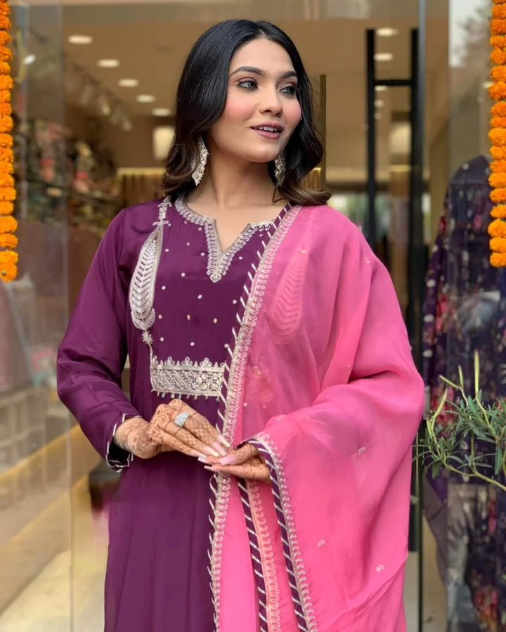 Elegant Colored Pair Suit | Modal Silk with Organza Dupatta