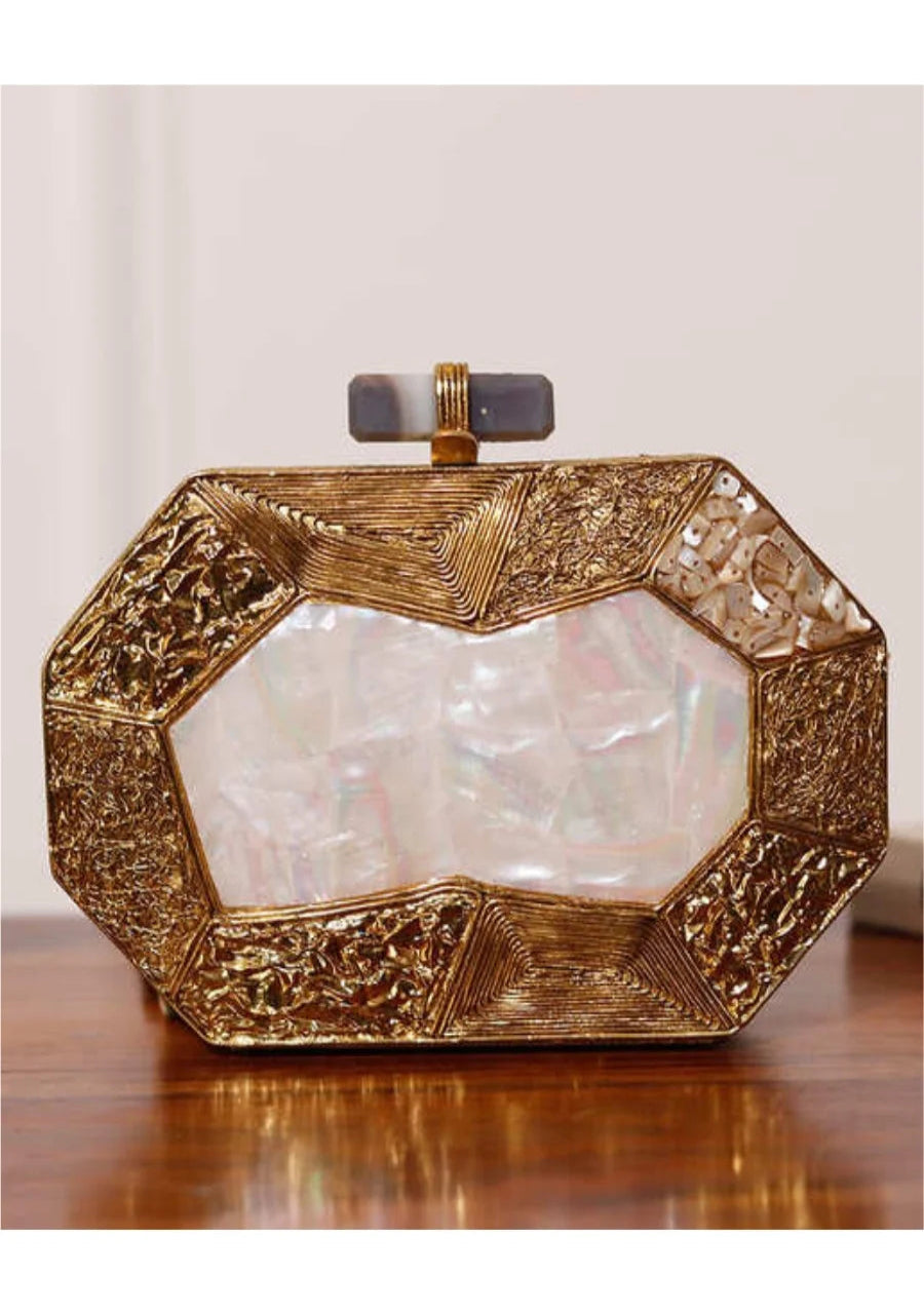 Inaayat Brass Mother of Pearl Clutch | Trendy Octagon-Shaped Bag