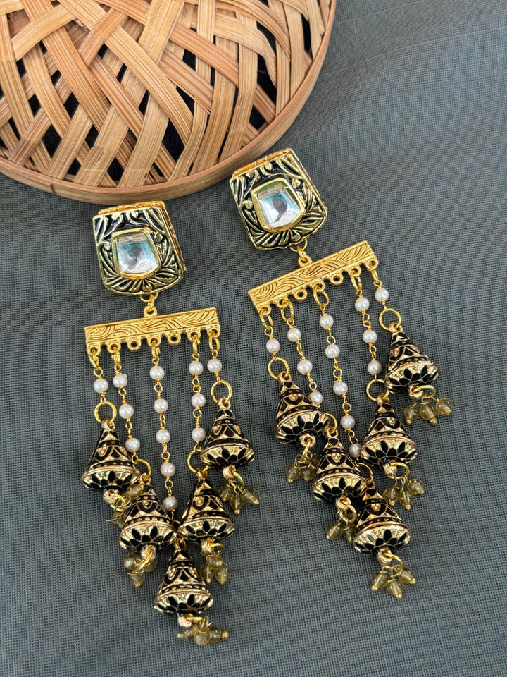 Black Meenakari | Long Pearl Earrings Fashionable