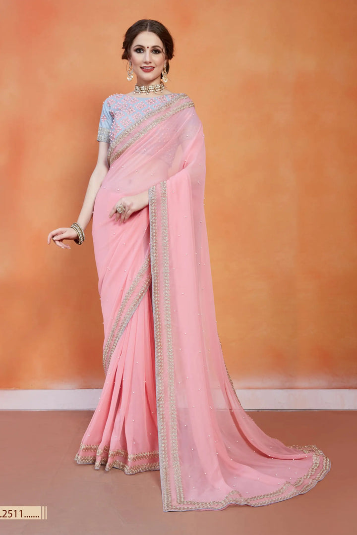 Baby Pink Saree | Georgette with Thread & Pearl Work