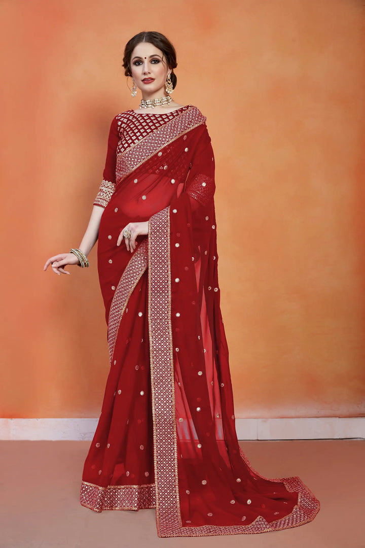 Red Georgette Saree | Banglori Silk with Sequins & Zari