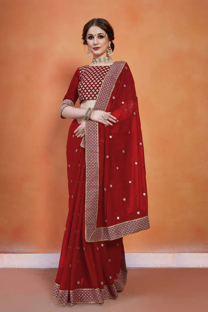 Red Georgette Saree | Banglori Silk with Sequins & Zari