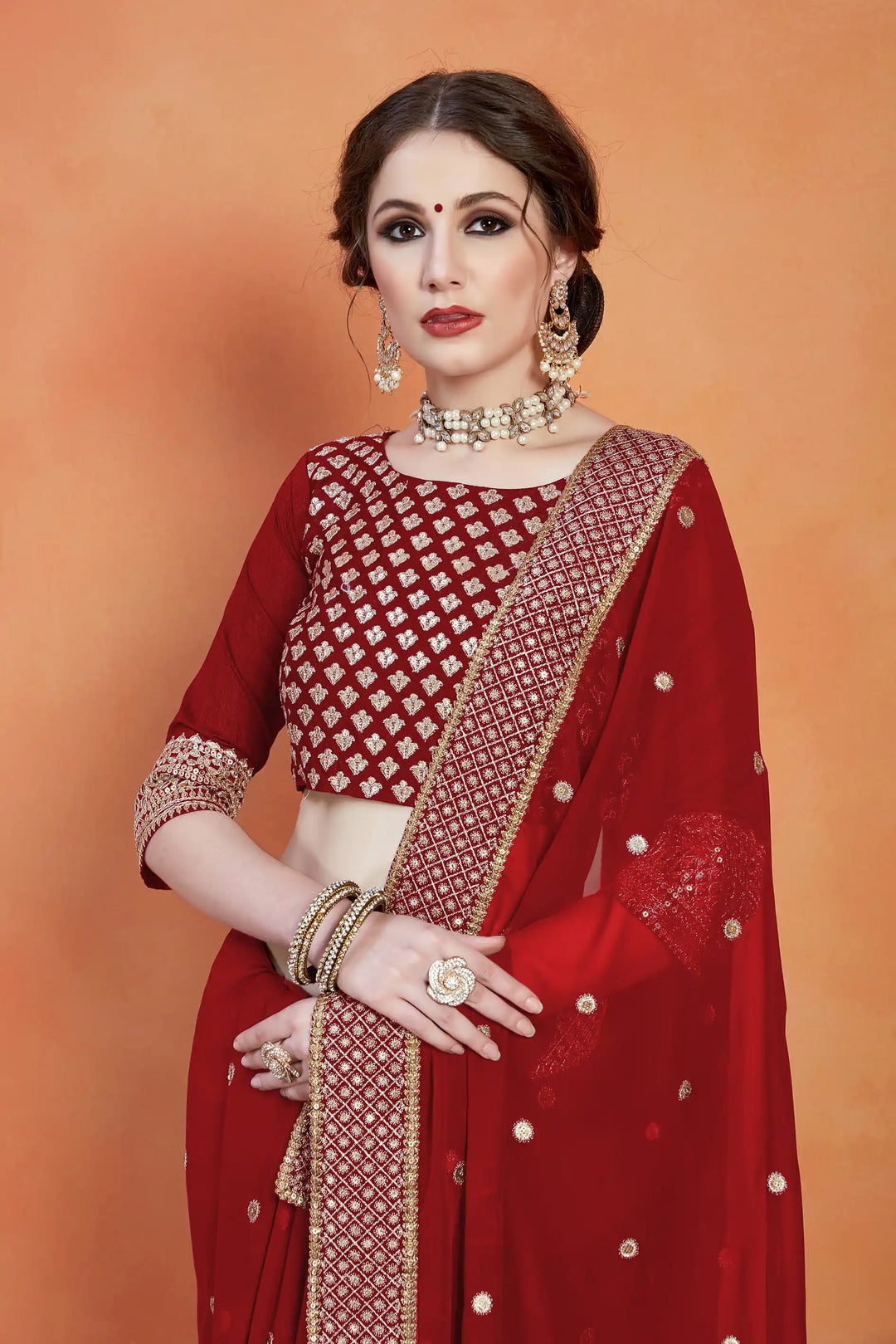 Red Georgette Saree | Banglori Silk with Sequins & Zari
