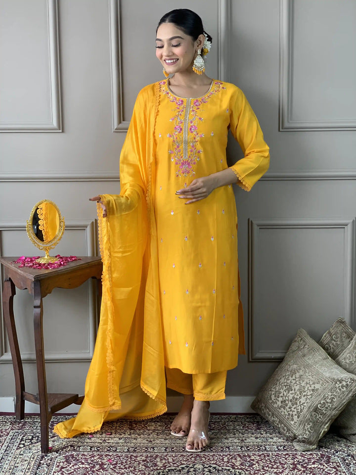 Mustard Kurti Set | Women Kurta Pant Set with Embroidery Work