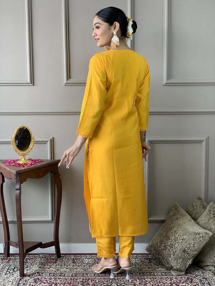 Mustard Kurti Set | Women Kurta Pant Set with Embroidery Work