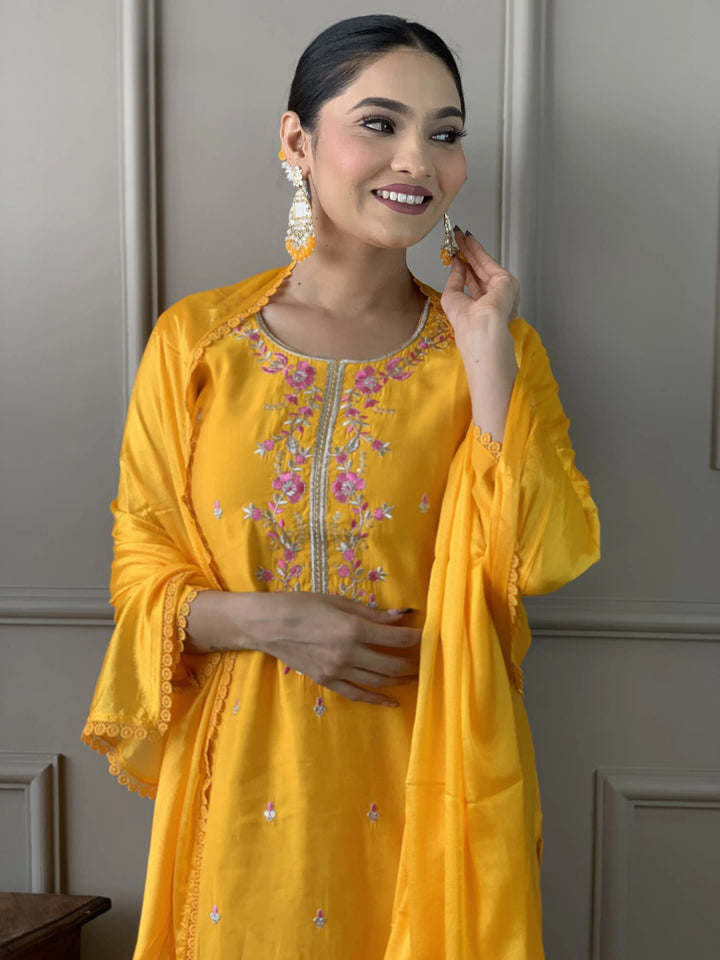 Mustard Kurti Set | Women Kurta Pant Set with Embroidery Work