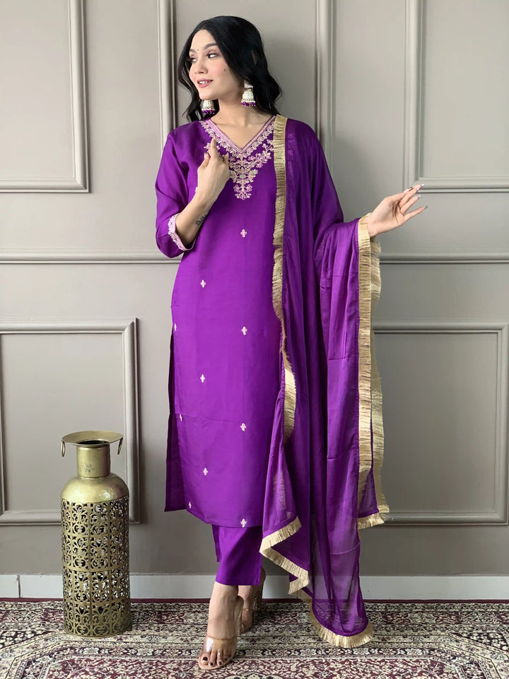Elegant Kurti Set for Women | Violet Thread Embroidery Kurta Pant