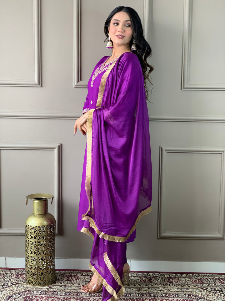 Elegant Kurti Set for Women | Violet Thread Embroidery Kurta Pant