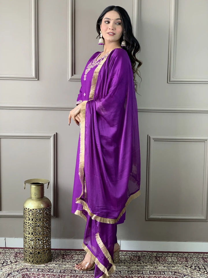 Elegant Kurti Set for Women | Violet Thread Embroidery Kurta Pant