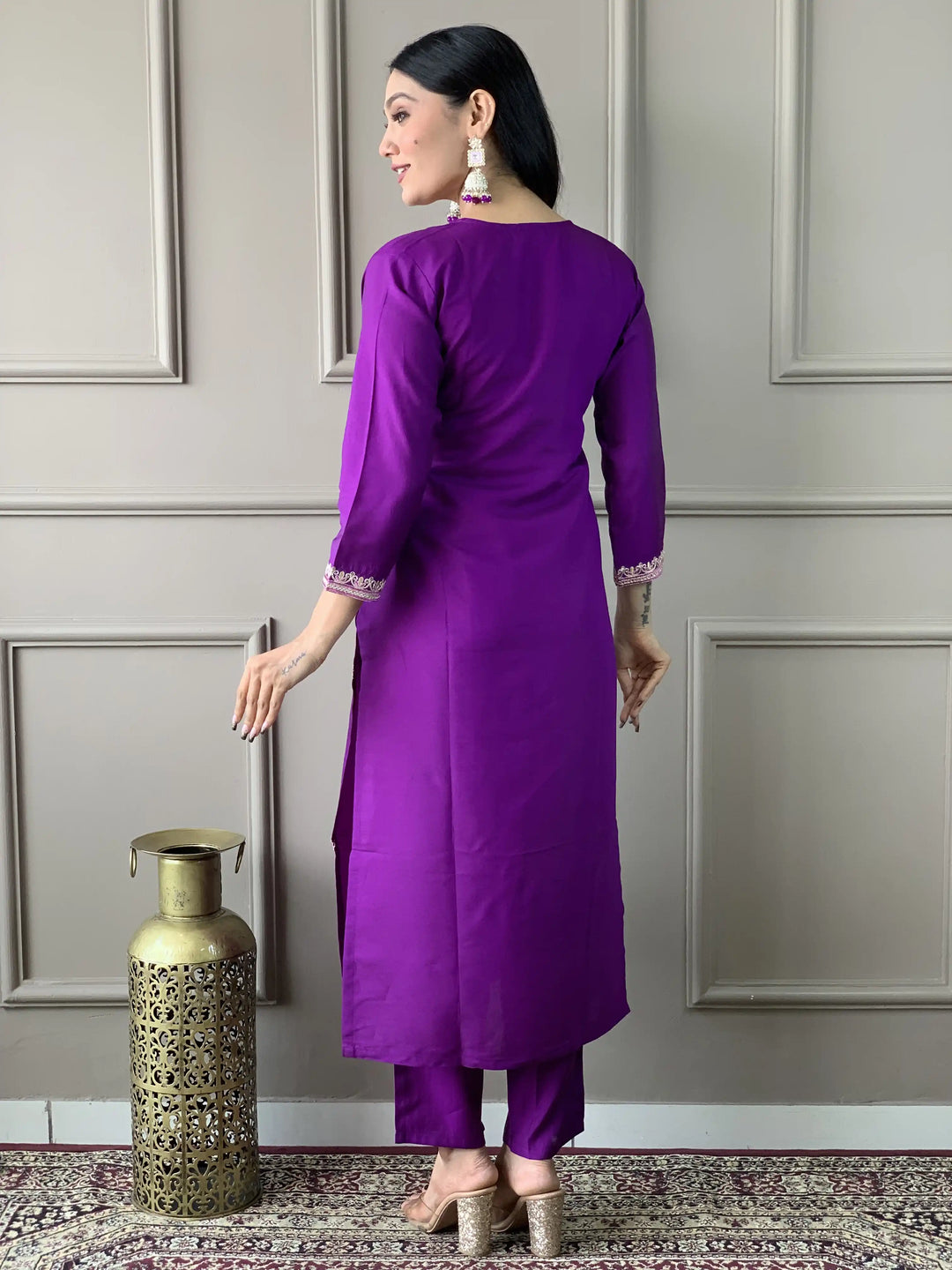 Elegant Kurti Set for Women | Violet Thread Embroidery Kurta Pant