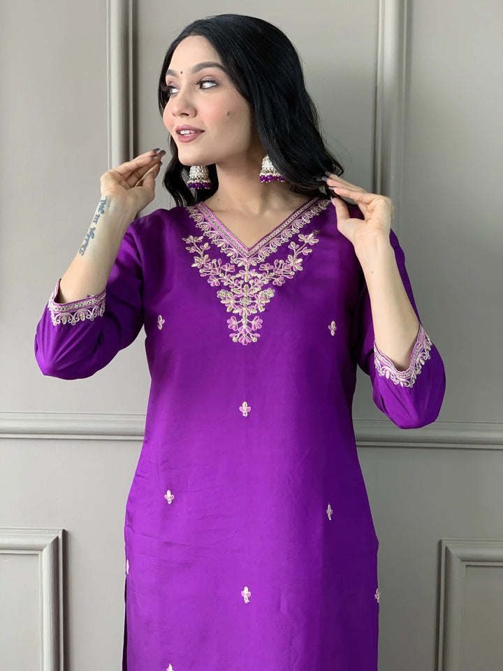 Elegant Kurti Set for Women | Violet Thread Embroidery Kurta Pant