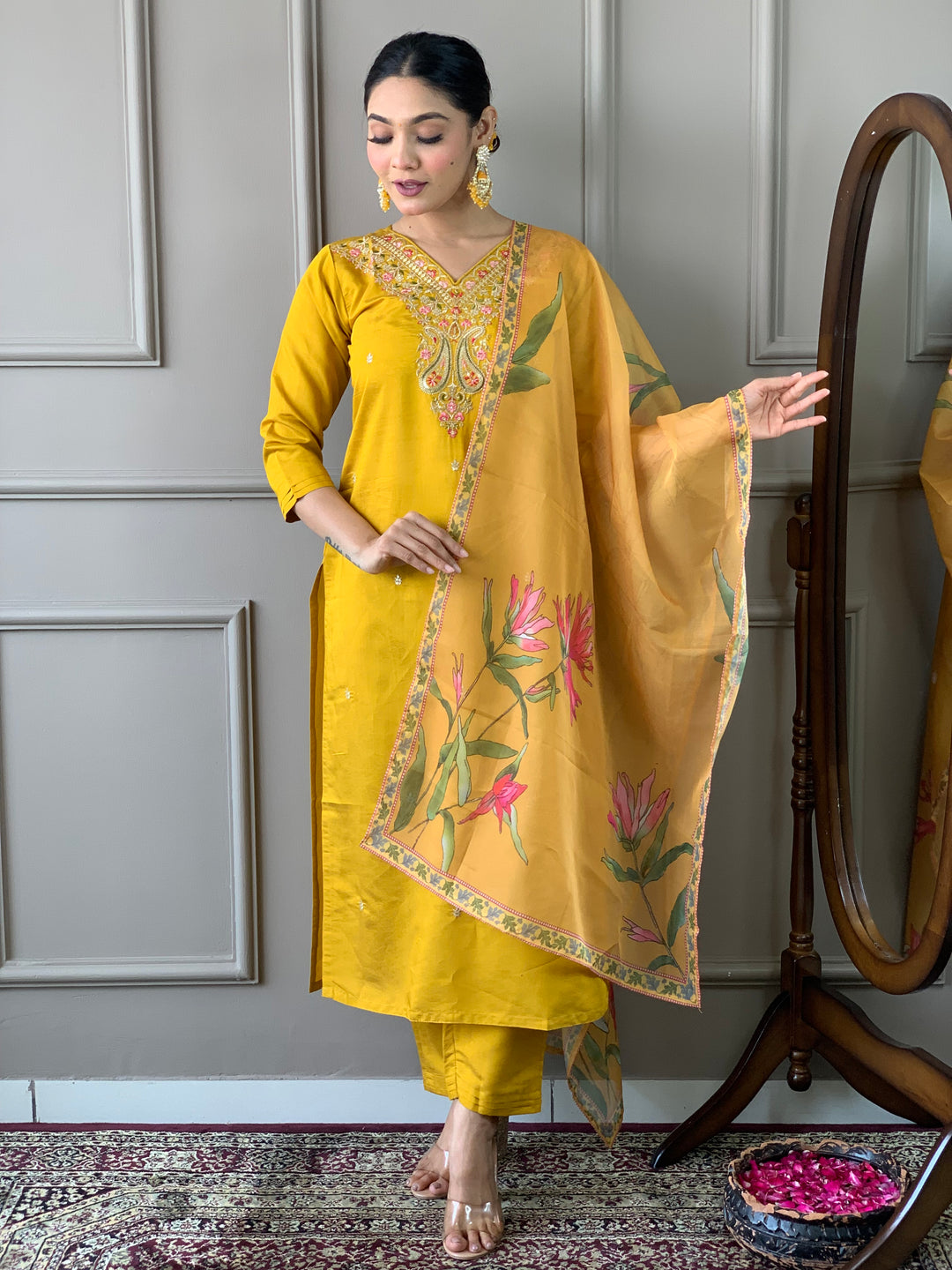 Mustard Kurti Set for Women | Thread Embroidery Work