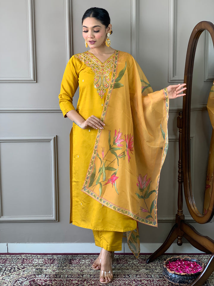 Mustard Kurti Set for Women | Thread Embroidery Work