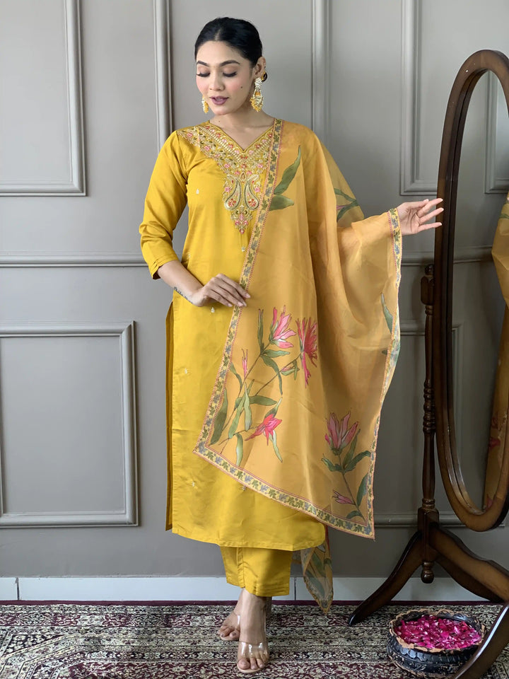 Mustard Kurti Set for Women | Thread Embroidery Work