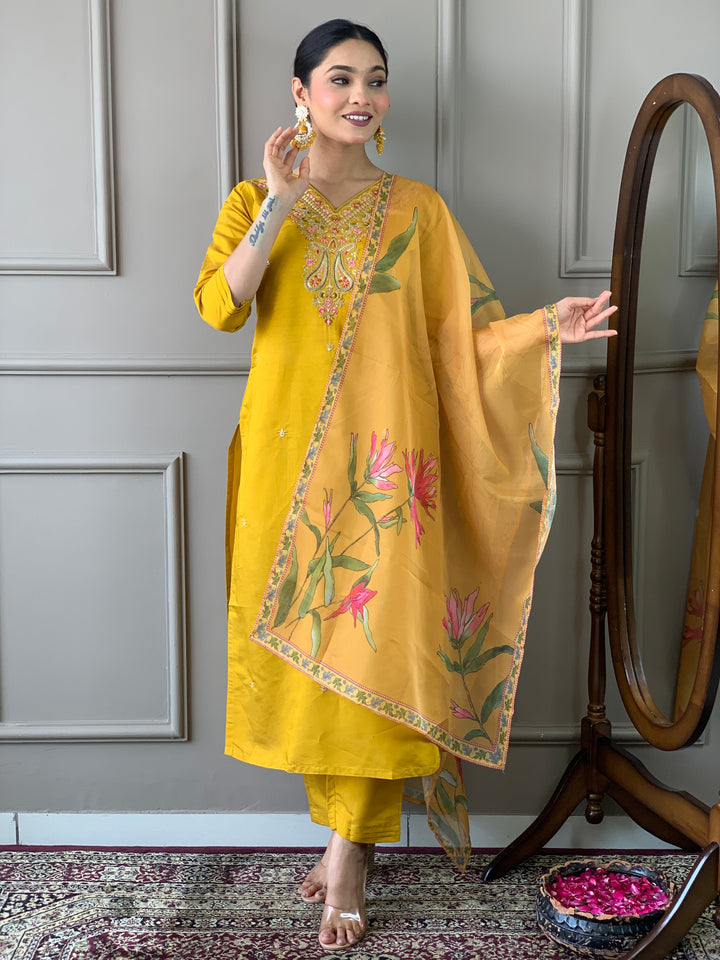 Mustard Kurti Set for Women | Thread Embroidery Work