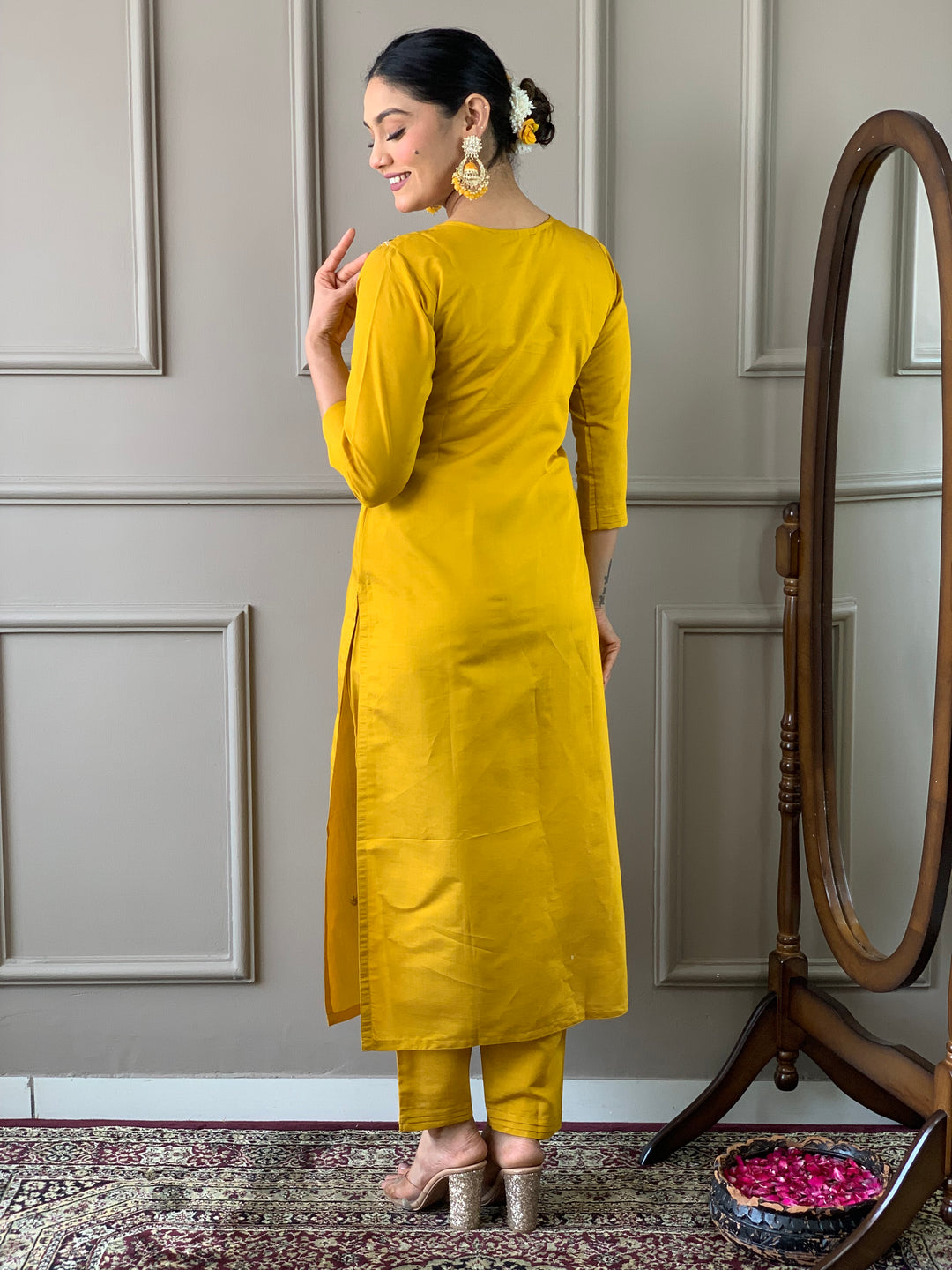 Mustard Kurti Set for Women | Thread Embroidery Work