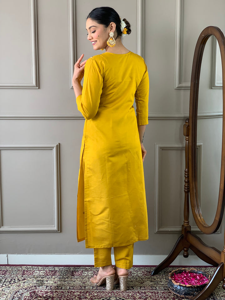 Mustard Kurti Set for Women | Thread Embroidery Work