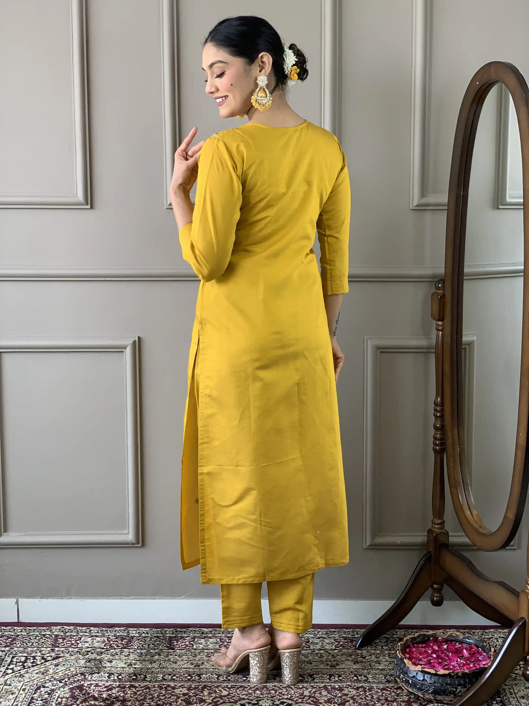 Mustard Kurti Set for Women | Thread Embroidery Work