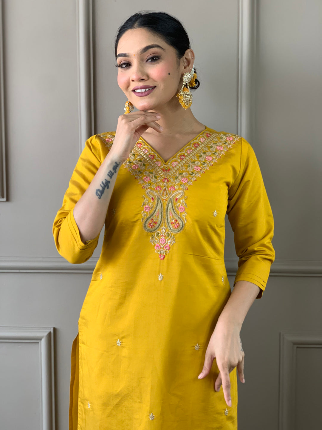 Mustard Kurti Set for Women | Thread Embroidery Work