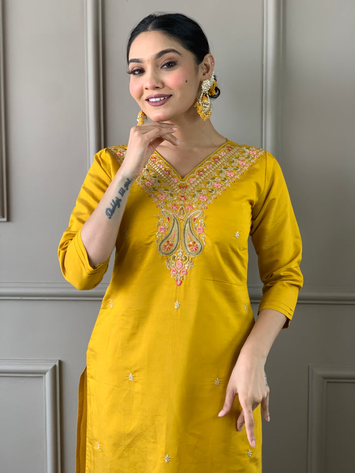 Mustard Kurti Set for Women | Thread Embroidery Work