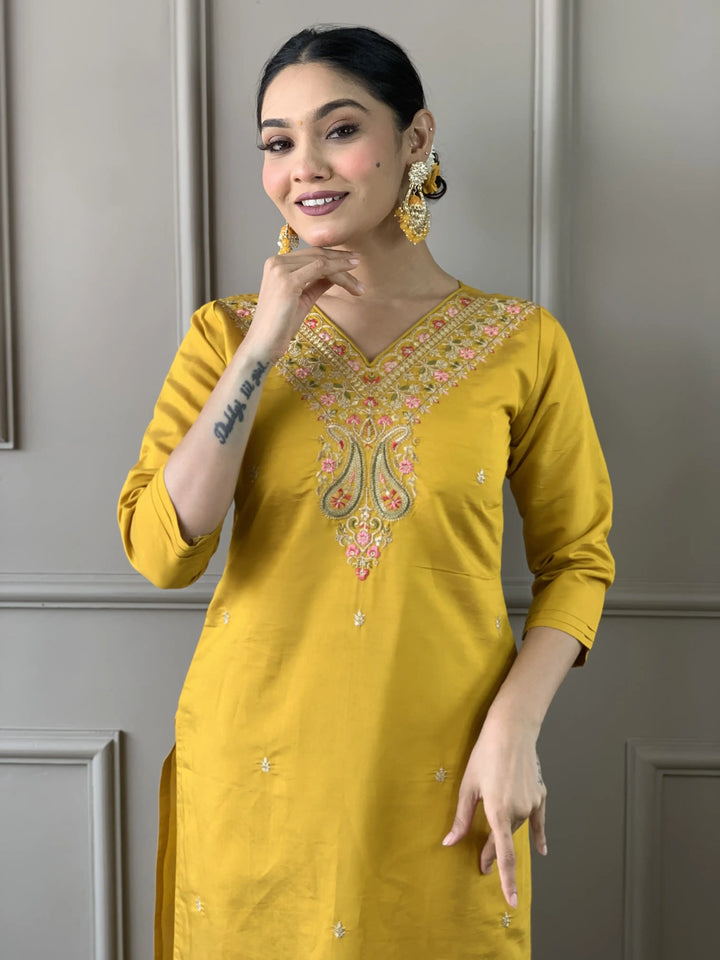 Mustard Kurti Set for Women | Thread Embroidery Work