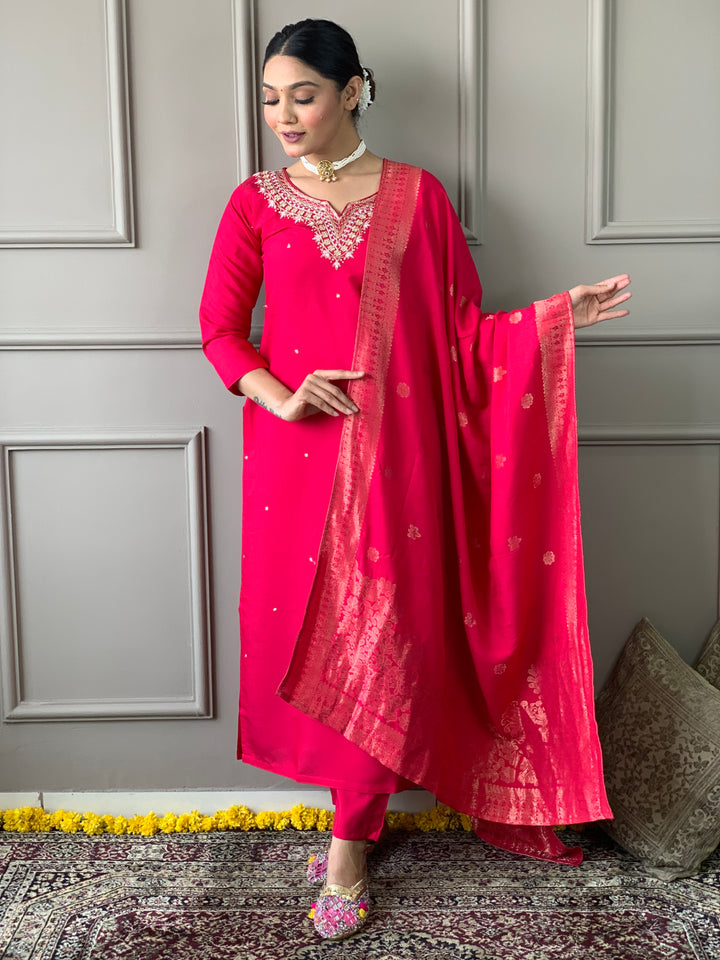 Kurti Set for Women | Rani Pink Kurta Pant Dupatta Set