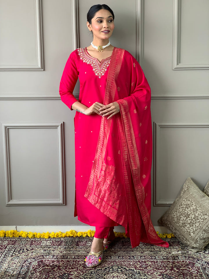 Kurti Set for Women | Rani Pink Kurta Pant Dupatta Set