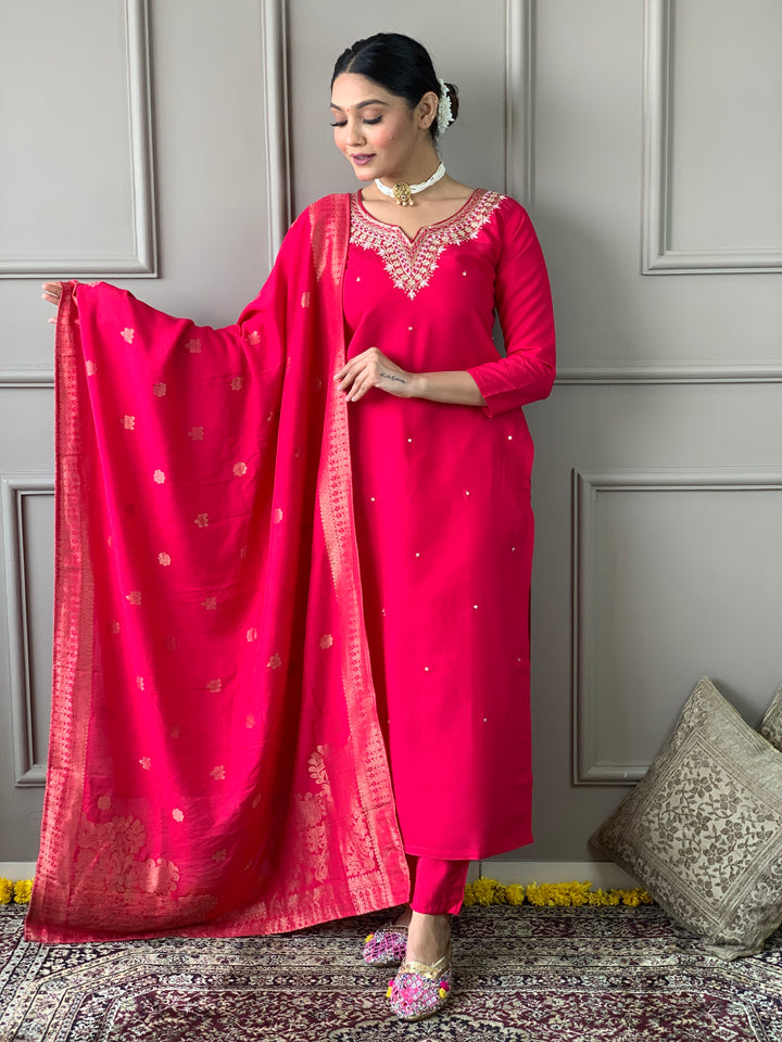 Kurti Set for Women | Rani Pink Kurta Pant Dupatta Set