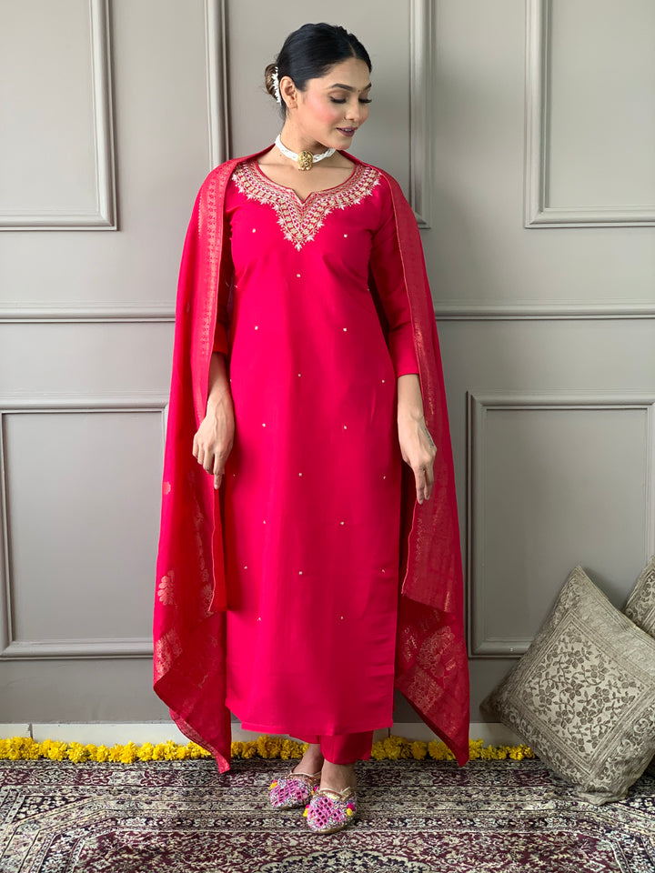 Kurti Set for Women | Rani Pink Kurta Pant Dupatta Set