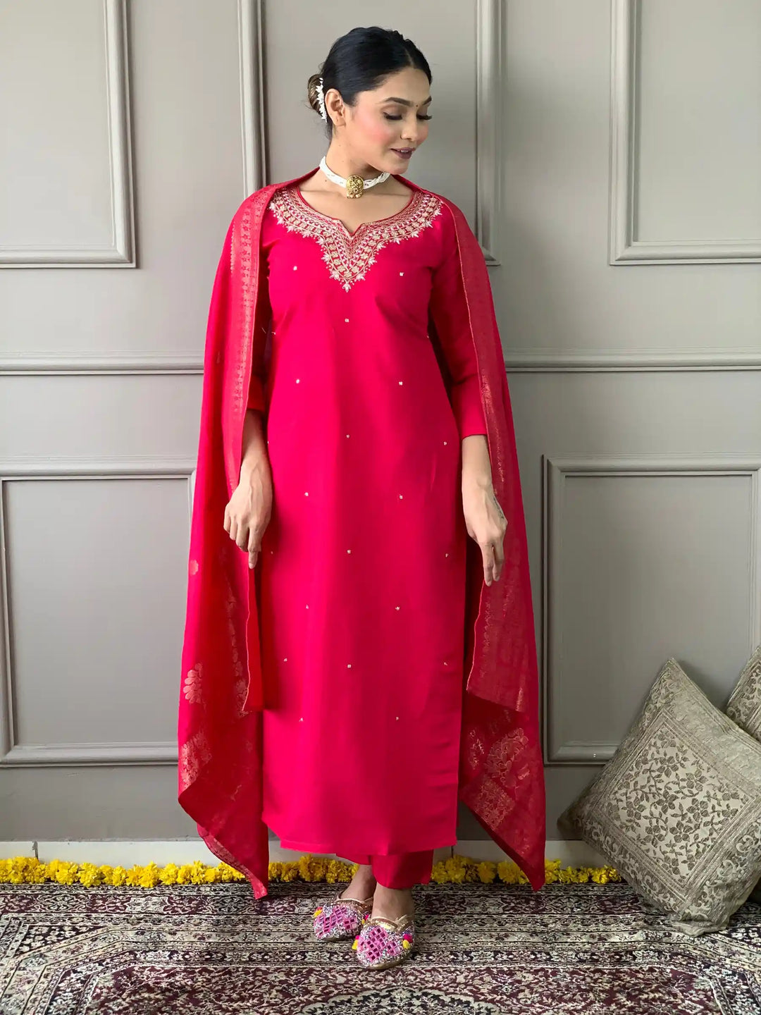 Kurti Set for Women | Rani Pink Kurta Pant Dupatta Set