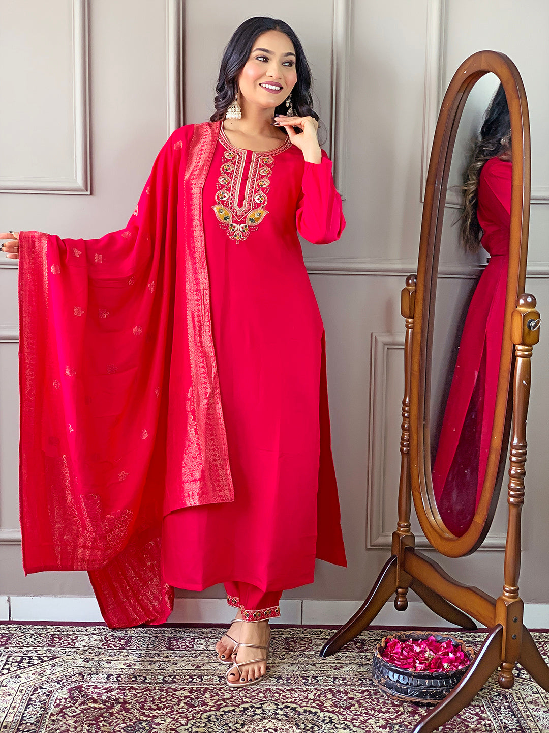Indian Ethnic Kurti Pant Set | Rani Pink Kurta Set for Women