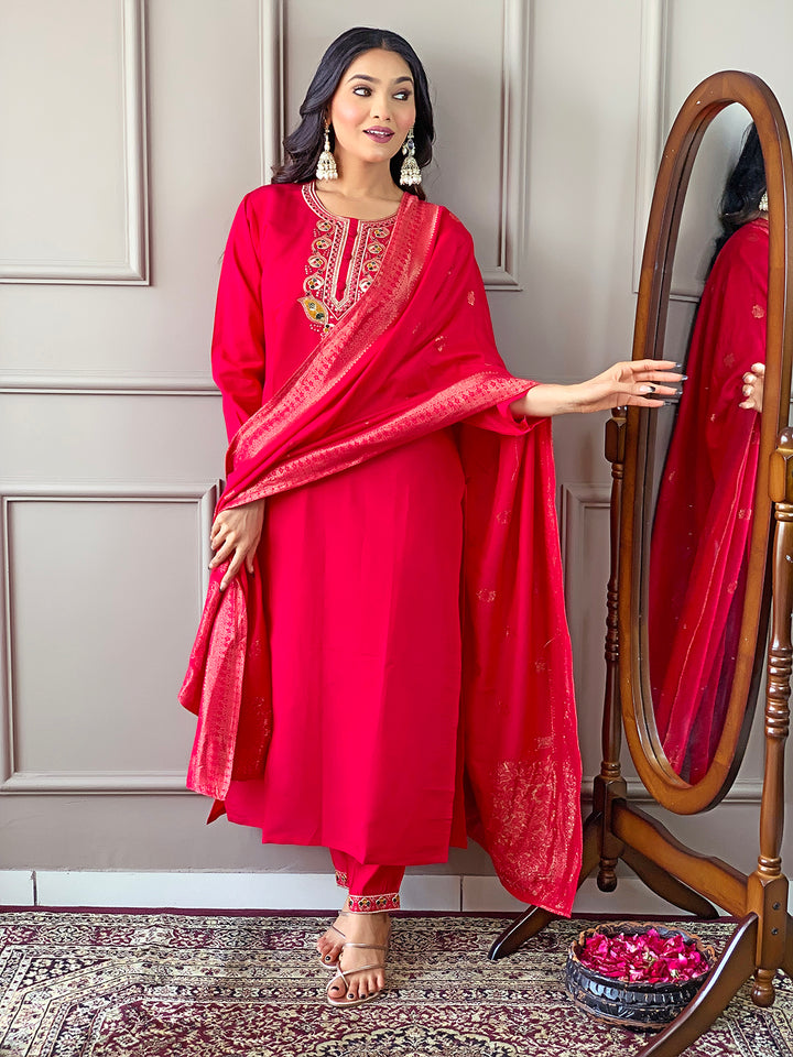 Indian Ethnic Kurti Pant Set | Rani Pink Kurta Set for Women