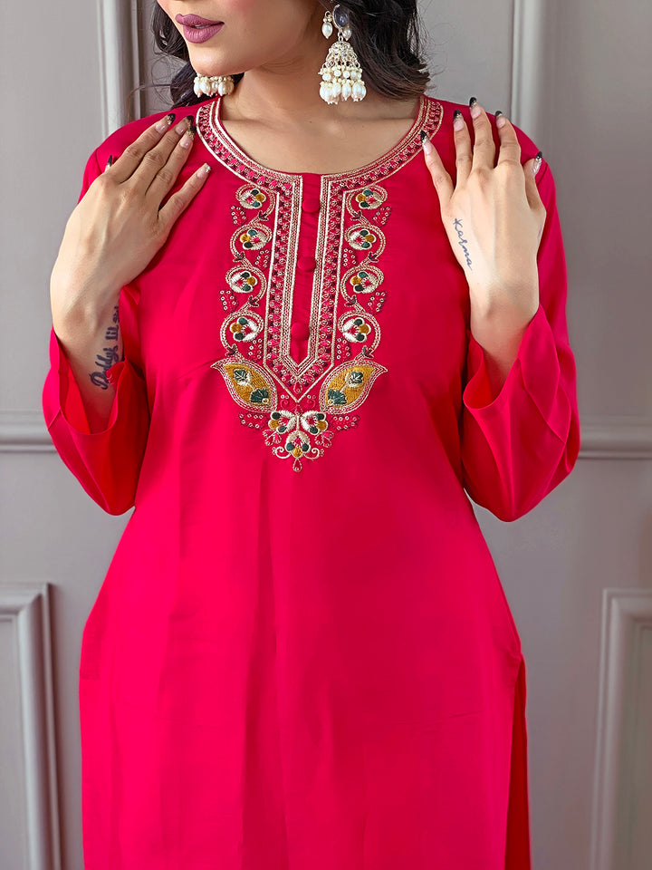 Indian Ethnic Kurti Pant Set | Rani Pink Kurta Set for Women