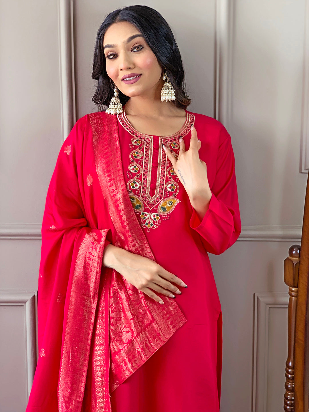 Indian Ethnic Kurti Pant Set | Rani Pink Kurta Set for Women