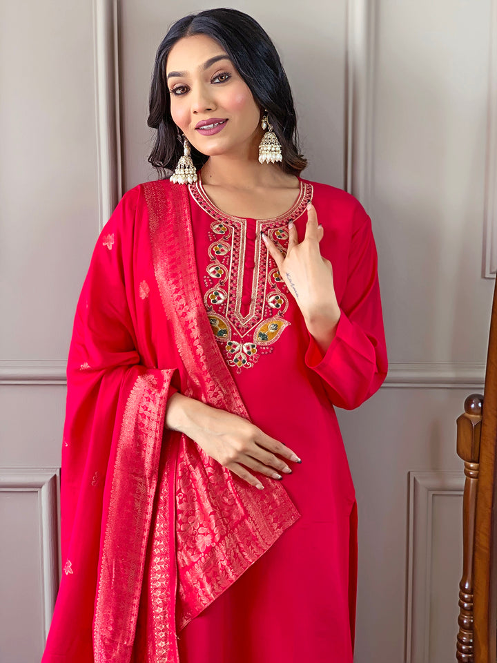Indian Ethnic Kurti Pant Set | Rani Pink Kurta Set for Women
