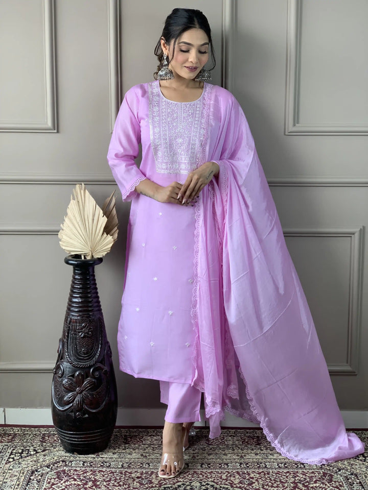 Lavender Kurti Set for Women | Thread Embroidery Work Kurta Pant Set