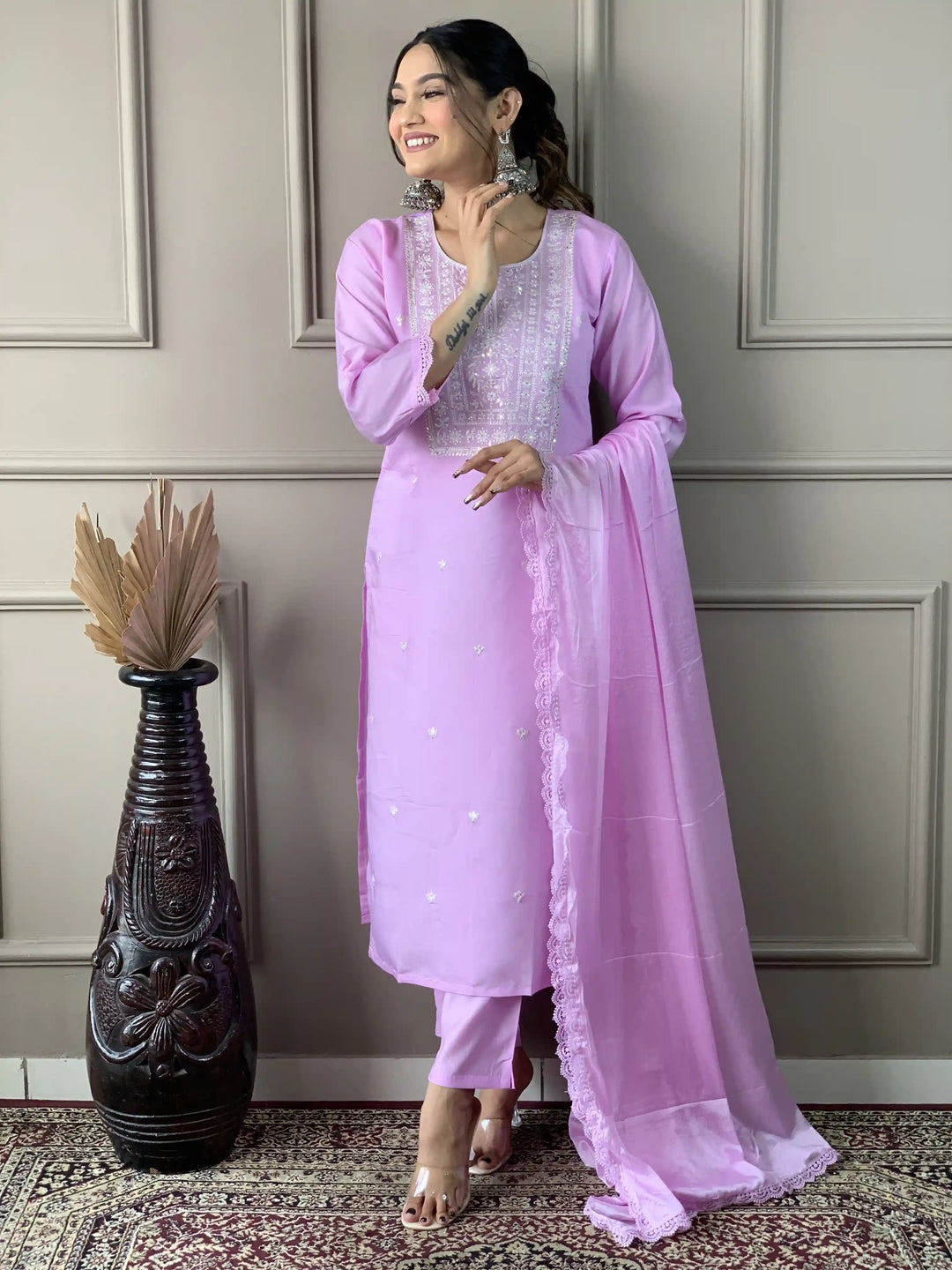Lavender Kurti Set for Women | Thread Embroidery Work Kurta Pant Set