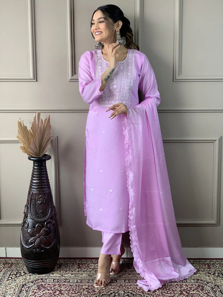 Lavender Kurti Set for Women | Thread Embroidery Work Kurta Pant Set